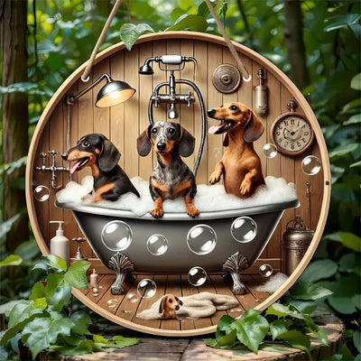 20cm Wooden flat print cute dachshunds bath round