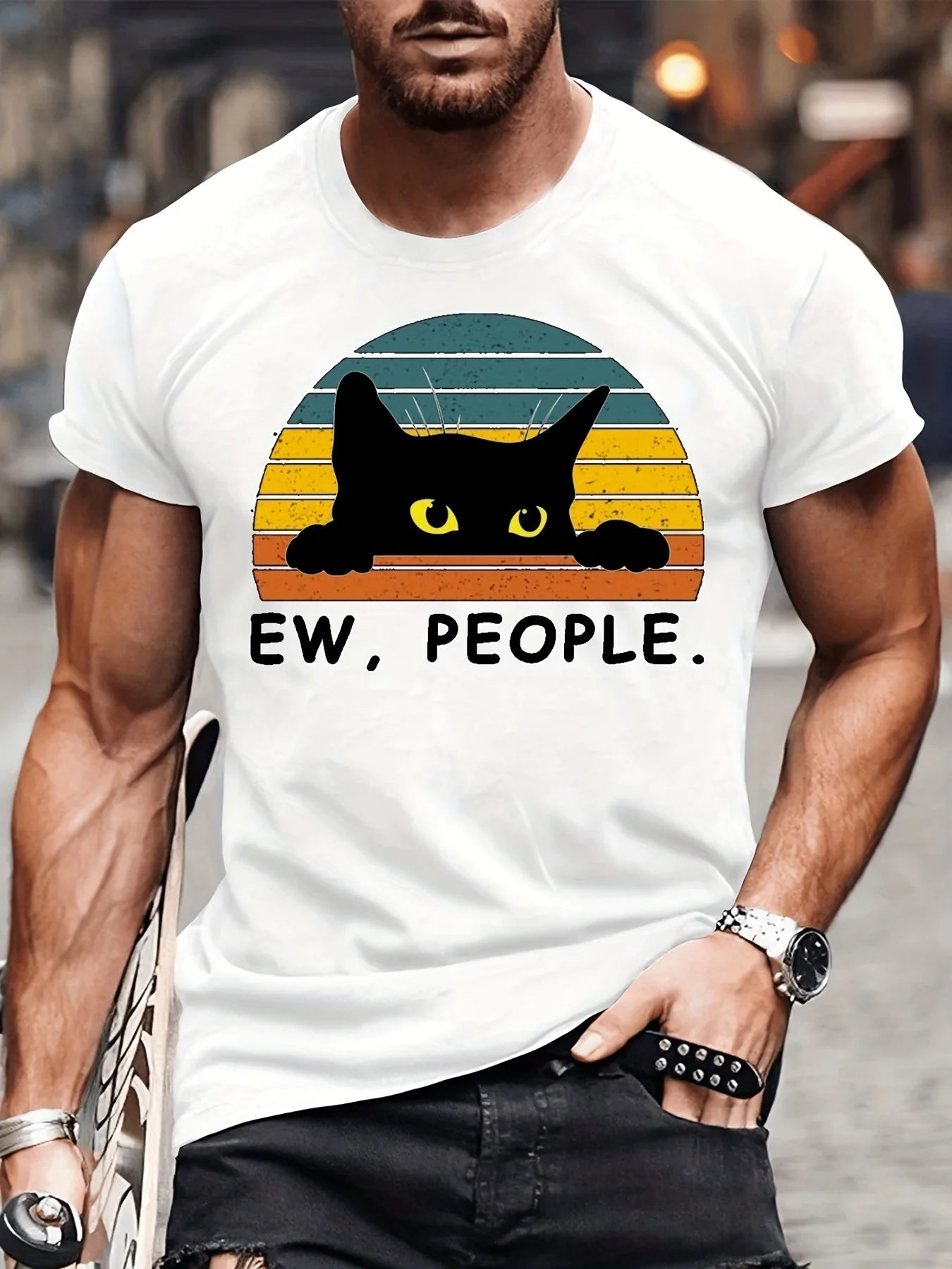 Fashion Forward Mens Black Cat Print T-Shirte