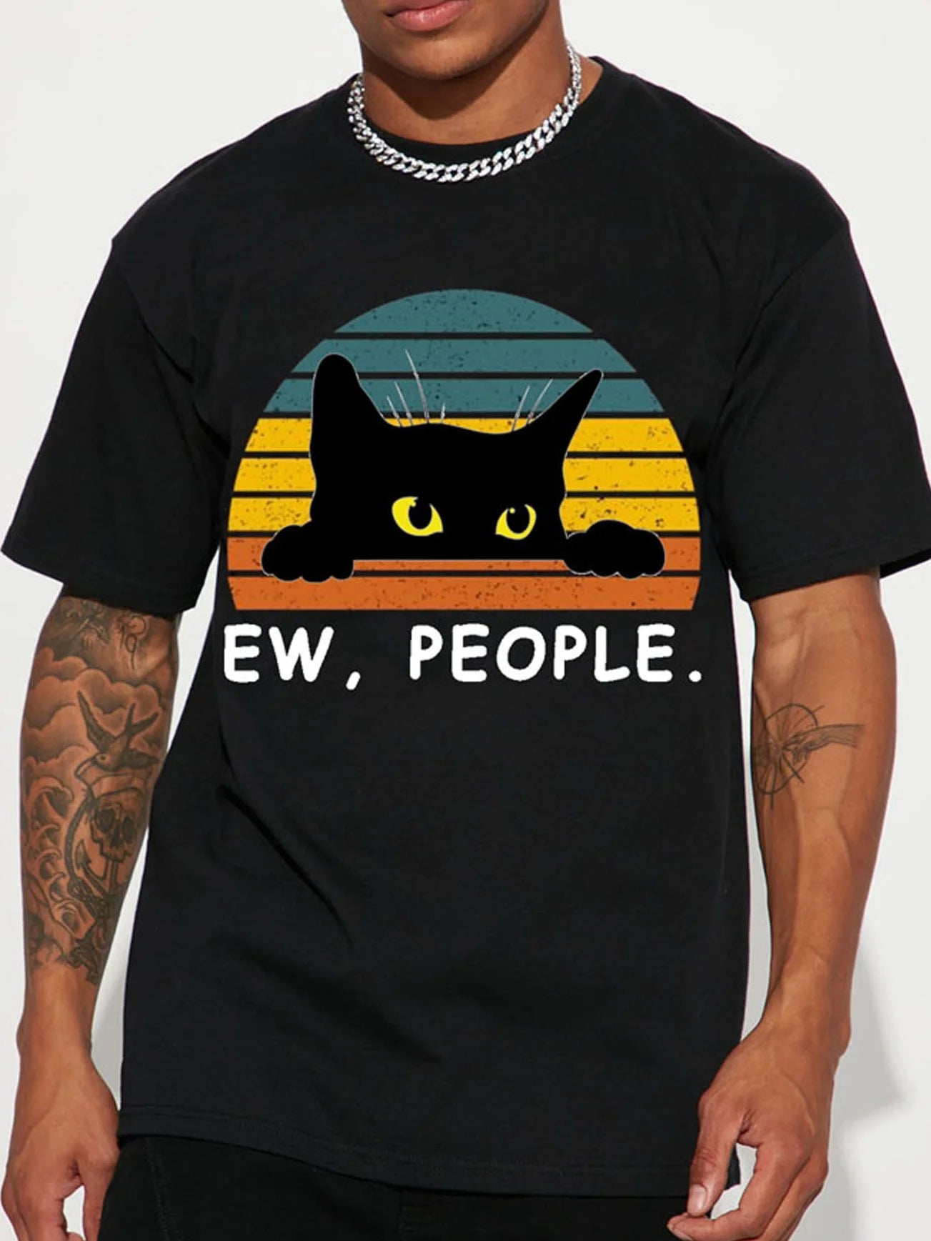 Fashion Forward Mens Black Cat Print T-Shirte