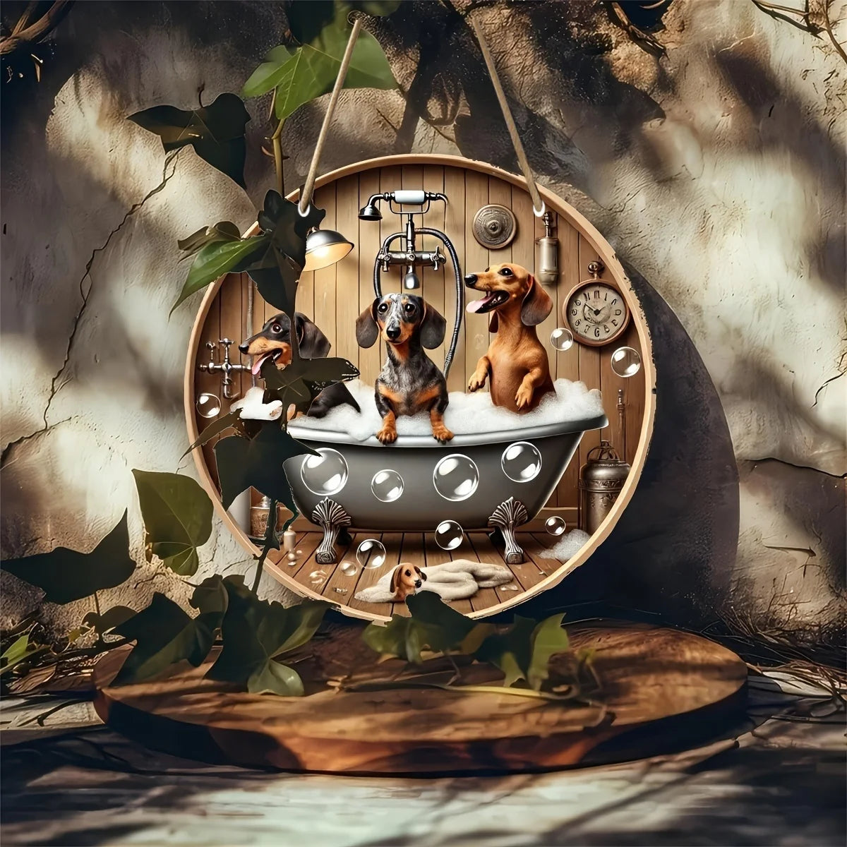 20cm Wooden flat print cute dachshunds bath round