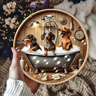 20cm Wooden flat print cute dachshunds bath round